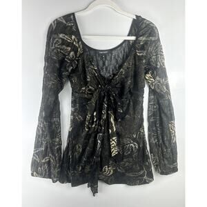 VTG Y2K Karen Kane Shirt Black Metallic Floral Mesh Tie Babydoll Sheer Medium